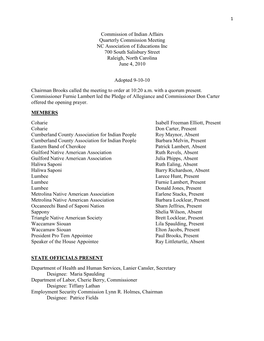 Commission of Indian Affairs Quarterly Commission Meeting NC Association of Educations Inc 700 South Salisbury Street Raleigh, North Carolina June 4, 2010