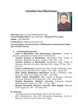 Curriculum Vitae (Maha Houssen –PI)