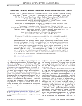 Cosmic Bell Test Using Random Measurement Settings from High-Redshift Quasars