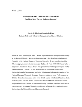 March 6, 2012 Broad-Based Worker Ownership and Profit Sharing: Can