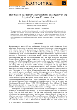 Lionel Robbins on Economic Generalizations and Reality in the Light of Modern Econometrics