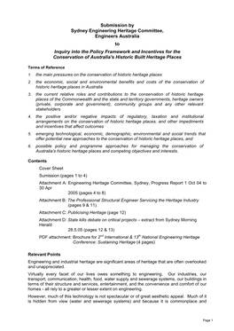 Submission by Sydney Engineering Heritage Committee, Engineers Australia to Inquiry Into the Policy Framework and Incentives Fo