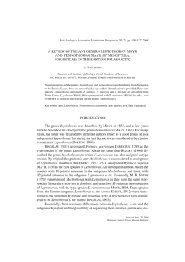 A Review of the Ant Genera Leptothorax Mayr and Temnothorax Mayr (Hymenoptera, Formicidae) of the Eastern Palaearctic