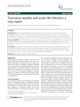 Transverse Myelitis and Acute HIV Infection: a Case Report Paulo Andrade*, Cristóvão Figueiredo, Cláudia Carvalho, Lurdes Santos and António Sarmento