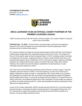 Owls Lacrosse to Be an Official Charity Partner of the Premier Lacrosse League