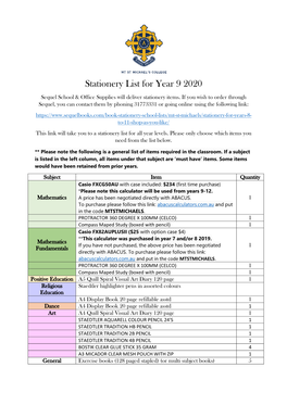 Stationery List for Year 9 2020 Sequel School & Office Supplies Will Deliver Stationery Items