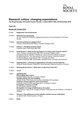 Research Culture: Changing Expectations the Royal Society, 6-9 Carlton House Terrace, London SW1Y 5AG, 29-30 October 2018