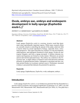 Ovule, Embryo Sac, Embryo and Endosperm Development in Leafy Spurge (Euphorbia Esula L.)1