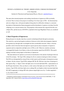 1. Basic Properties of Supernovae During the Past Two Decades, There Has Occurred a Technological Break-Through in Astronomy