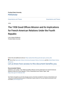 The 1958 Good Offices Mission and Its Implications for French-American Relations Under the Fourth Republic