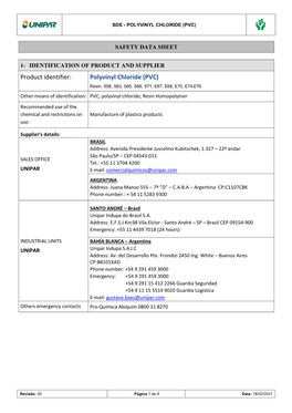 Product Identifier: Polyvinyl Chloride (PVC)