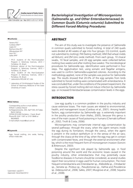 Salmonella Sp. and Other Enterobacteriaceae) in Common Quails (Coturnix Coturnix) Submitted to Different Forced-Molting Procedures