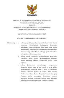 Keputusan Menteri Kesehatan Republik Indonesia Nomor Hk.01.07/Menkes/275/2020 Tentang Penetapan Rumah Sakit Rujukan Penanggulangan Penyakit Infeksi Emerging Tertentu