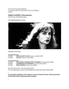 ISABELLE HUPPERT: a Retrospective 19 & 26 June 2013 (Wednesdays)