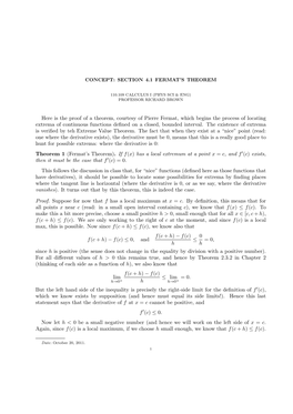 Here Is the Proof of a Theorem, Courtesy of Pierre Fermat, Which Begins the Process of Locating Extrema of Continuous Functions Deﬁned on a Closed, Bounded Interval