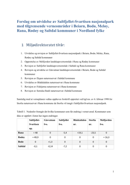 Forslag Om Utvidelse Av Saltfjellet-Svartisen Nasjonalpark Med Tilgrensende Verneområder I Beiarn, Bodø, Meløy, Rana, Rødøy Og Saltdal Kommuner I Nordland Fylke