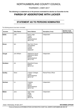 Northumberland County Council Thursday, 4 May 2017