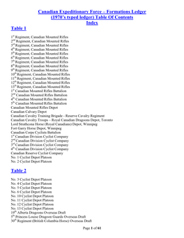 Canadian Expeditionary Force – Formations Ledger (1970'S Typed