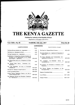 THE KENYA GAZETTE Published by Authority of the Republic of Kenya (Registered As a Newspaper at the G.P.O.)