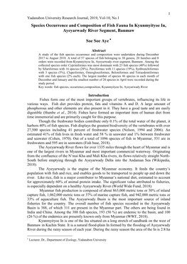 Species Occurrence and Composition of Fish Fauna in Kyunmyityoe In, Ayeyarwady River Segment, Banmaw