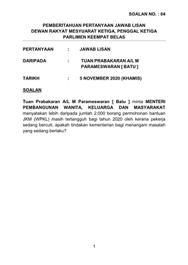 Jawapan Lisan Dewan Rakyat Bertarikh 5 November 2020