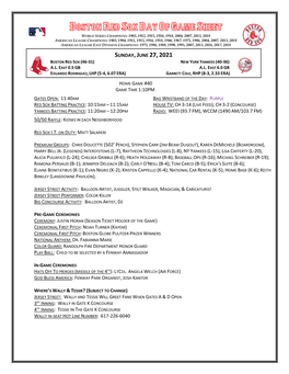Boston Red Sox Day of Game Sheet Sunday,June 27,2021