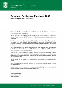 European Parliament Elections 2009 RESEARCH PAPER 09/53 17 June 2009