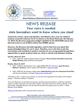 NEWS RELEASE Your Voice Is Needed: State Lawmakers Want to Know Where You Stand