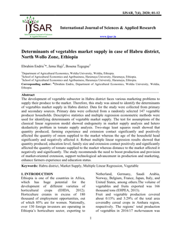 Determinants of Vegetables Market Supply in Case of Habru District, North Wollo Zone, Ethiopia