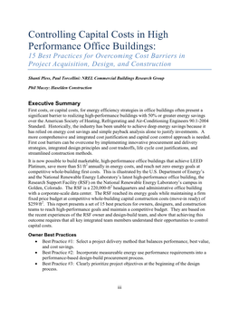 Controlling Capital Costs in High Performance Office Buildings: 15 Best Practices for Overcoming Cost Barriers in Project Acquisition, Design, and Construction