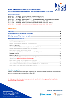 PLAATSINGSSCHEMA`S EN SELECTIEPROCEDURES Nationale Langebaanwedstrijden Voor Senioren Seizoen 2020-2021