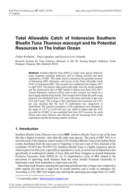 Total Allowable Catch of Indonesian Southern Bluefin Tuna Thunnus Maccoyii and Its Potential Resources in the Indian Ocean