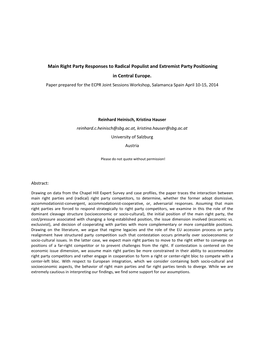 Main Right Party Responses to Radical Populist and Extremist Party Positioning in Central Europe