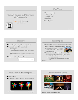 The Art, Science and Algorithms of Photography This Week Exposure Shutter Speed Side-Effect of Shutter Speed Creative Shutter Sp