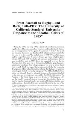 From Football to Rugby—And Back, 1906-1919: the University of California-Stanford University Response to the “Football Crisis of 1905”