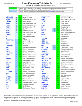 Irvine Community Television, Inc. 723-4240 Or 723-3668 (Effective February 1, 2019)