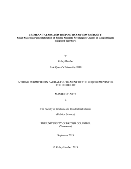 CRIMEAN TATARS and the POLITICS of SOVEREIGNTY: Small State Instrumentalization of Ethnic Minority Sovereignty Claims in Geopolitically Disputed Territory