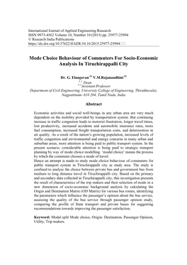 Mode Choice Behaviour of Commuters for Socio-Economic Analysis in Tiruchirappalli City