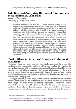 Labeling and Analyzing Historical Phenomena: Some Preliminary Challenges Kenneth Pomeranz University of California at Irvine