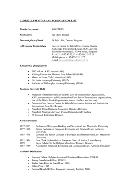 Curriculum Vitae and Publications List