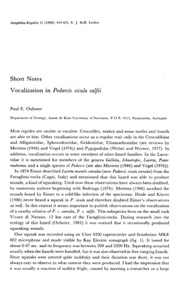 Short Notes Vocalization in Podarcis Sicula Salfii Paul E. Ouboter