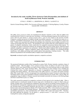 Invasion by the Exotic Crayfish, Cherax Destructor Clark (Parastacidae), Into Habitats of Local Crayfish Near Perth, Western Australia