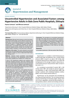 Uncontrolled Hypertension and Associated Factors Among Hypertensive Adults in Bale Zone Public Hospitals, Ethiopia Feyissa Lemessa1* and Miressa Lamessa2