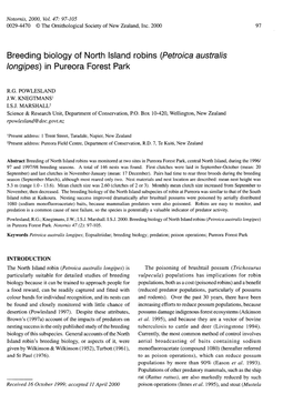 Breeding Biology of North Island Robins (Petroica Australis Longipes) in Pureora Forest Park