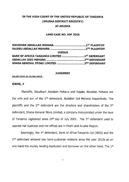 In the High Court of the United Republic of Tanzania (Arusha District Registry) at Arusha Land Case No. 50F 2018 Sikudhan Abdall