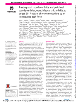 Treating Axial Spondyloarthritis and Peripheral Spondyloarthritis, Especially Psoriatic Arthritis, to Target: 2017 Update Of