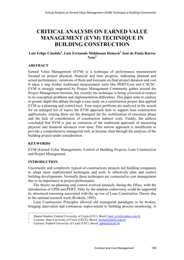 Critical Analysis on Earned Value Management (EVM) Technique in Building Construction