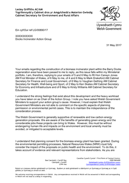 Lesley Griffiths AC/AM Ysgrifennydd Y Cabinet Dros Yr Amgylchedd a Materion Gwledig Cabinet Secretary for Environment and Rural Affairs