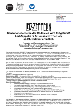 Sensationelle Reihe Der Re-Issues Wird Fortgeführt! Led Zeppelin IV & Houses of the Holy Ab 24