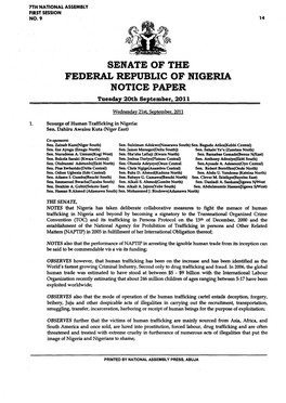 SENATE of the FEDERAL REPUBLIC of NIGERIA NOTICE PAPER Tuesday 20Th September, 2011